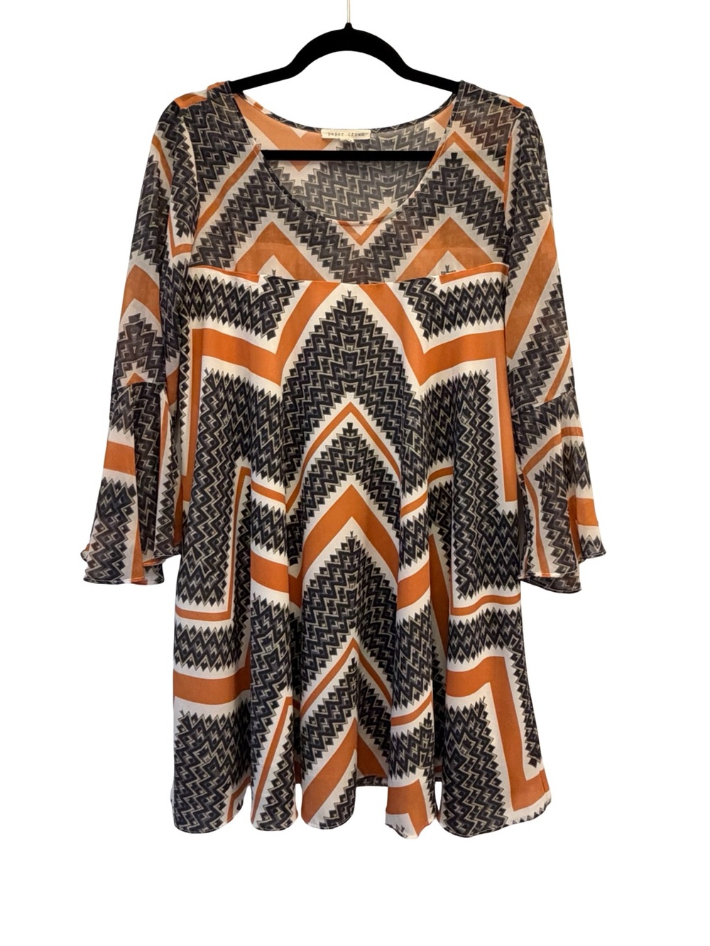 Paper Crown Geometric Swing Dress Women's Size Medium M Orange Bell Sleeve Mini